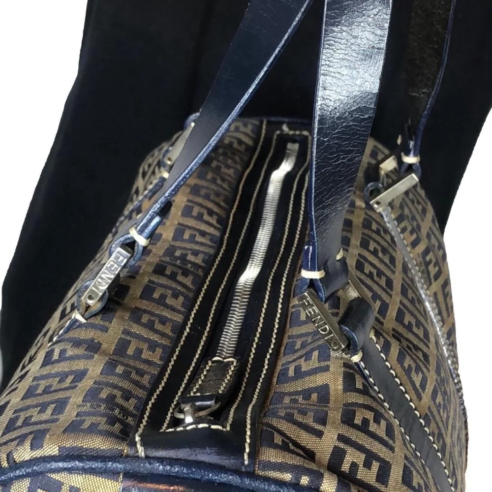 FENDI Zucca Navy Blue Leather and Tan Canvas Boston Duffle Bag Speedy 30